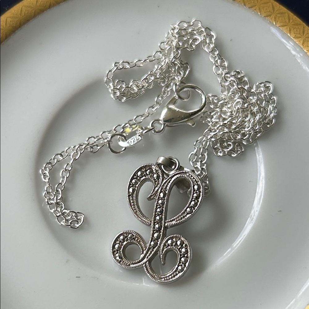 Vintage Silver Marcasite Script Initial L Pendant… - image 3